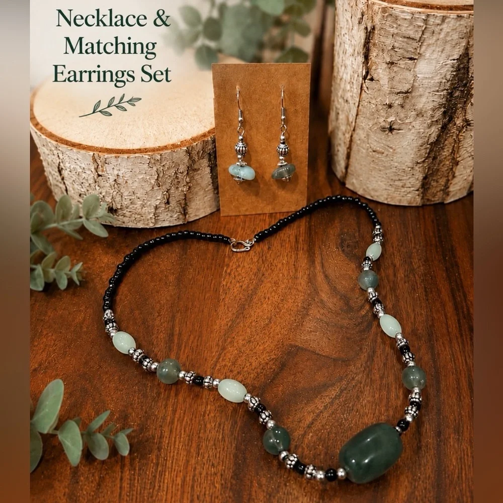 Natural Green Stone & Black Glass Bead Necklace Earrings Set